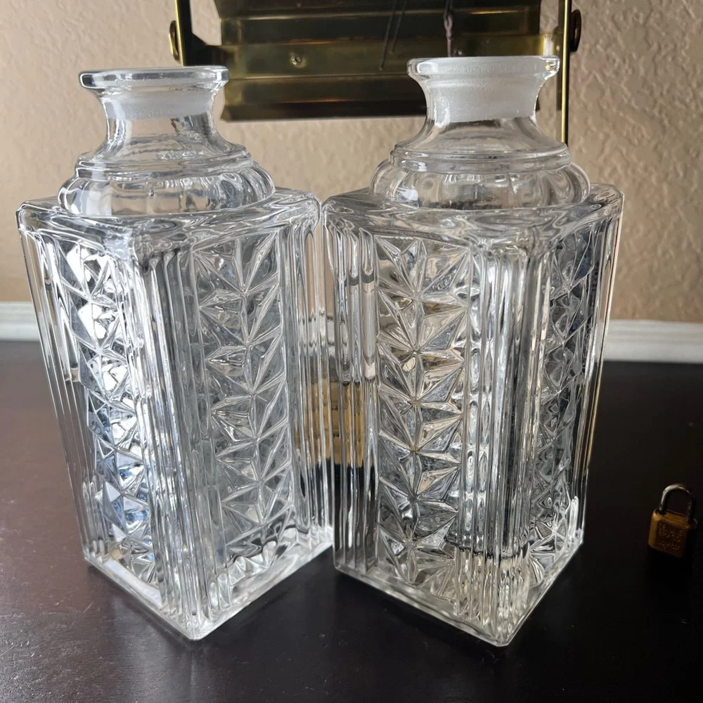 Mid-Century Brass Locking Scotch & Rye Decanter Set w/ Caddy and Keys